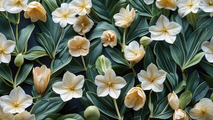 Obraz premium Variety of cream-colored flowers with green leaves arranged in a flat lay composition for decorative use