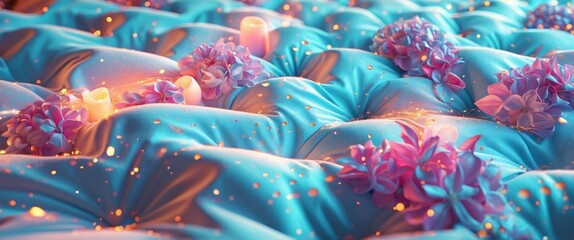 Blue velvet fabric with pink flowers and soft candlelight ambiance creating a textured background with a dreamy atmosphere