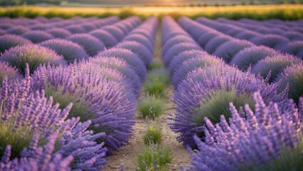 Naklejka premium Lavender field with rows of blooming lavender plants under sunset light creating a vibrant purple landscape in rural setting