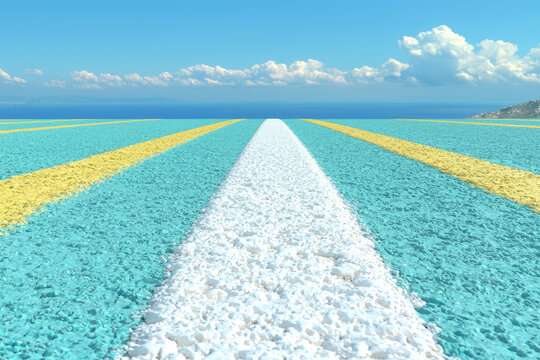 vibrant running track with colorful lanes stretches towards horizon, set against backdrop of clear blue sky and distant ocean. scene evokes sense of freedom and endless possibilities