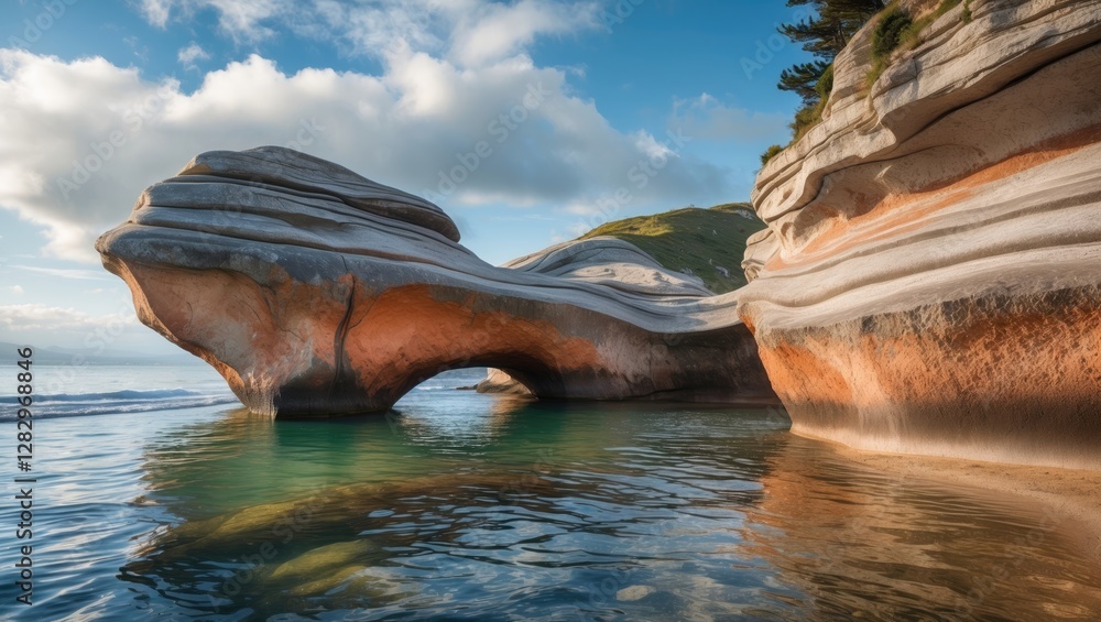 Poster coastal rock formations with unique patterns and textures reflecting in calm water under a blue sky 
