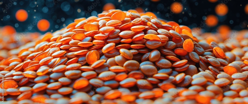 Poster close-up of a pile of vibrant orange seeds with a blurred dark background illuminated by soft bokeh 