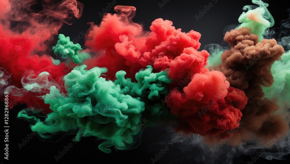 Canvas Prints colorful smoke clouds in red green and brown with swirling patterns on a dark background.