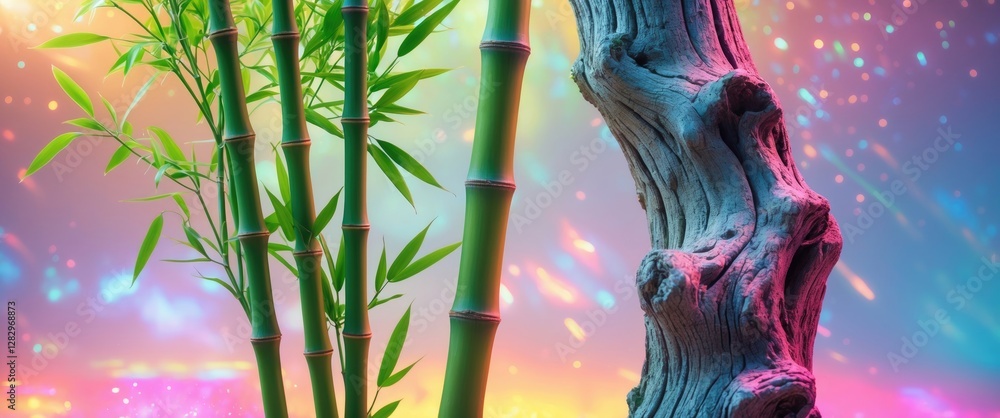 Aufkleber colorful bamboo stalks and textured wooden log with vibrant abstract background creating a visually 