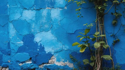 Obraz premium Blue textured wall with peeling paint and green leaves growing against it