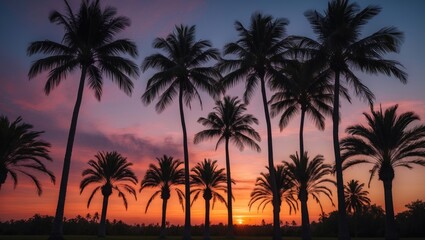 Obraz premium Tropical sunset with silhouetted palm trees against a colorful sky at dusk