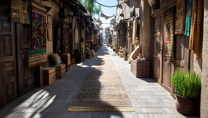 Sunlit alleyway in a Middle Eastern souk, with carpets and textiles displayed outside shops, showing traditional architecture and bustling atmosphere. Ideal for travel brochures or historical fiction