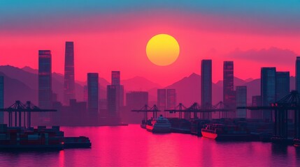 Fototapeta premium Futuristic global trade logistics hub international port city sunset