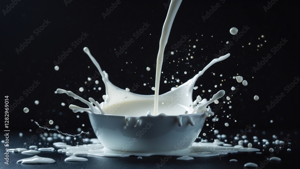 Poster milk splash from a bowl with droplets against a dark background capturing dynamic movement and textu