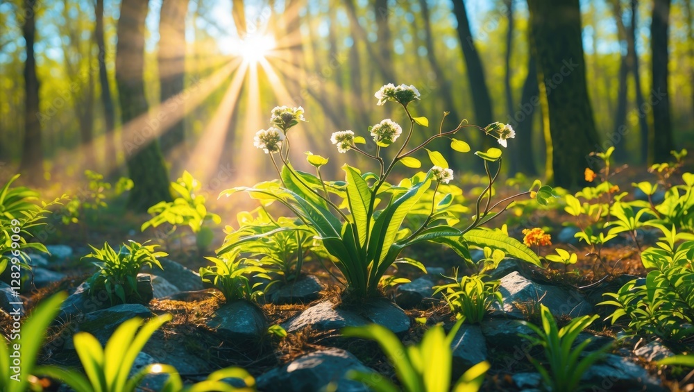 Aufkleber sunlight streaming through trees illuminating wildflowers and plants in a lush forest setting with r