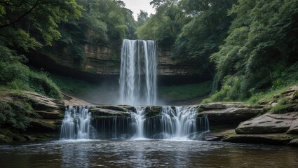 Majestic waterfall cascading over rocky cliffs surrounded by lush green foliage and tranquil river below in natural setting.