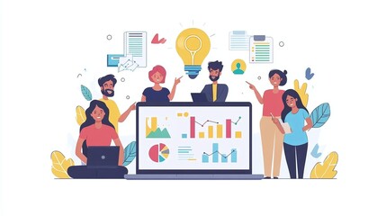 business team discussing strategy and analyzing data on laptop in corporate office with statistics documents and planning materials