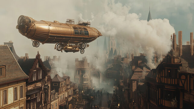 A steampunk airship flying over a Victorian-era city, with gears, brass details, and smoke billowing from chimneys, realistic photo