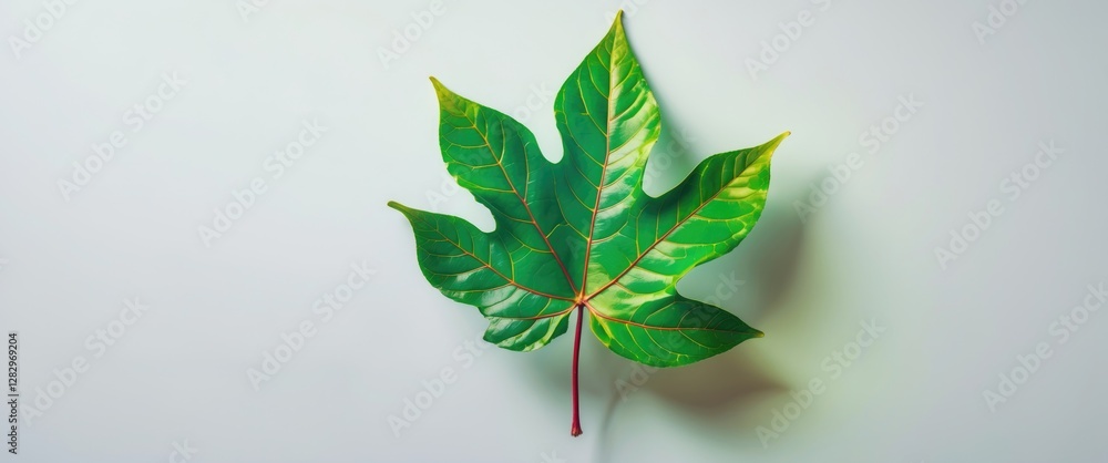 Poster green leaf with intricate veins placed on a light backdrop showcasing details of its structure and t
