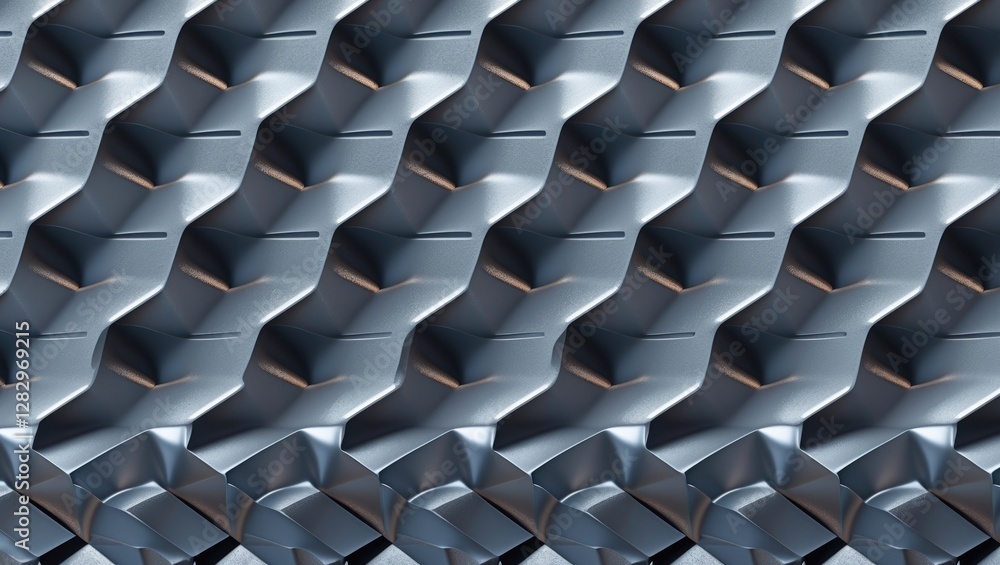 Poster metallic textured pattern with dimensional geometric shapes in shades of blue and gray for industria