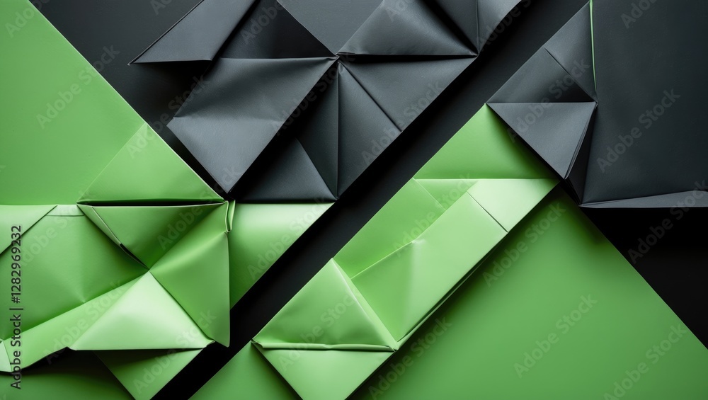 Poster abstract composition of folded black and green paper creating geometric shapes and textures on a dar