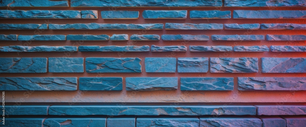 Poster textured stone wall with varying shades of blue and orange in a linear pattern displaying architectu