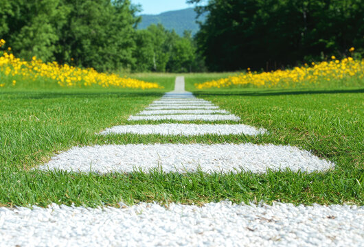 running track with white lines stretches through lush green field, surrounded by vibrant yellow flowers and trees under clear blue sky