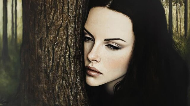 Woman with long dark hair gazes thoughtfully while resting against a tree in a misty forest setting