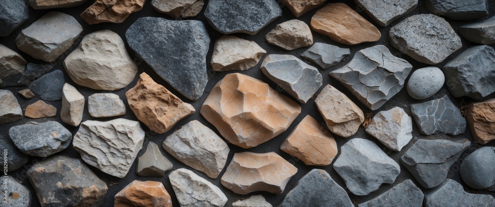 Poster textured stone wall with various sizes and colors of rocks arranged in a natural pattern forming a r