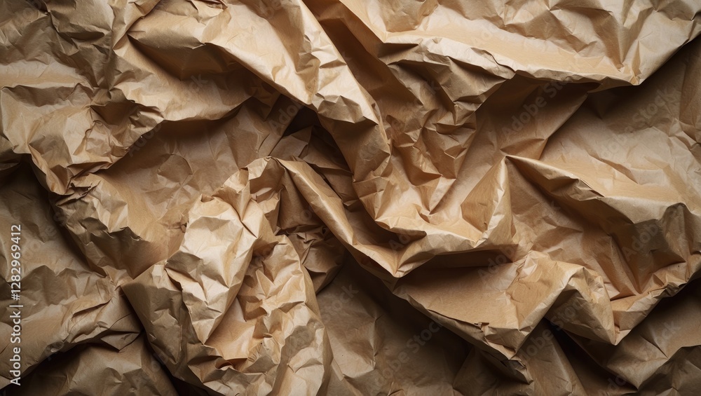 Poster crumpled brown paper texture background with intricate folds and shadows for creative design applica