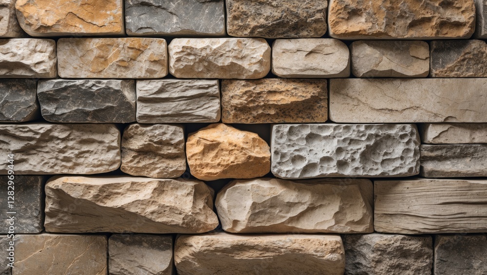 Poster textured stone wall with a variety of colors and shapes arranged in a structured pattern showcasing 