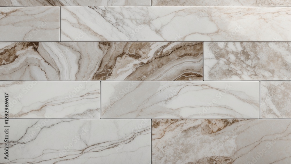 Poster marble effect porcelain tiles in beige and white with varied natural veining patterns and textures a