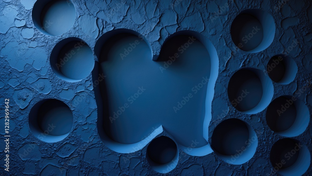 Poster textured blue wall with circular indentations and a central hollow shape creating a modern decorativ