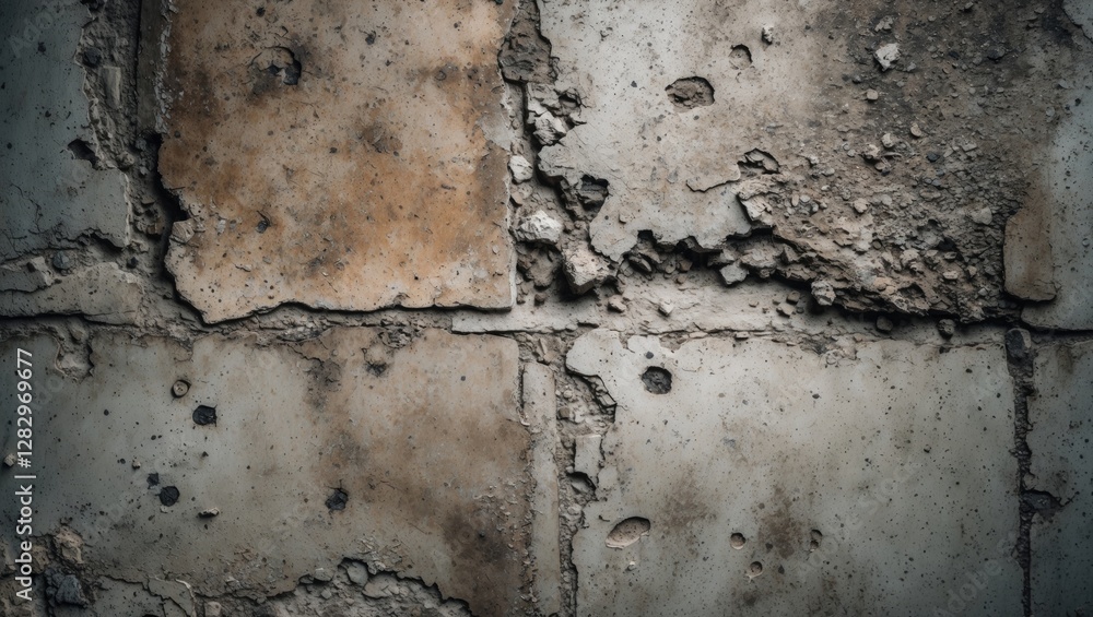 Poster textured surface of weathered concrete wall with visible cracks stains and imperfections in a close-