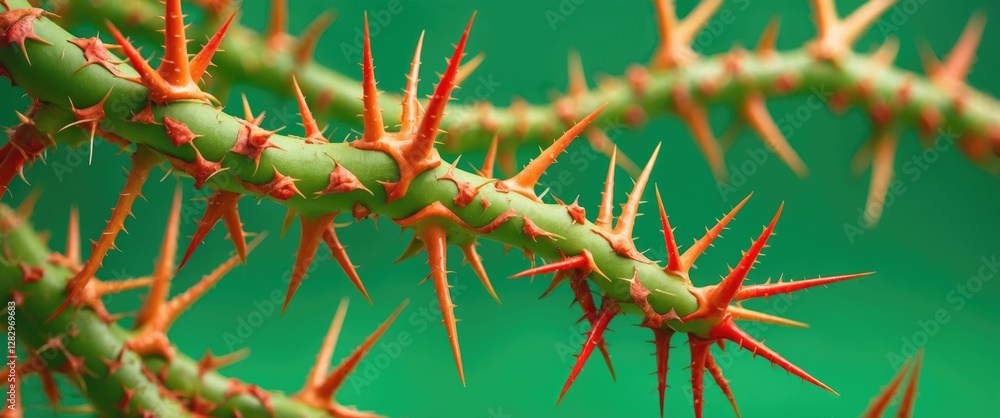 Poster close-up of a vibrant green cactus branch with sharp red thorns set against a solid green background