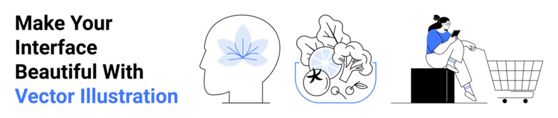 Head with mindfulness icon, creative thinking brain elements, woman sitting on box with shopping cart. Ideal for mental wellness, innovation, e-commerce, design, productivity, branding flat landing