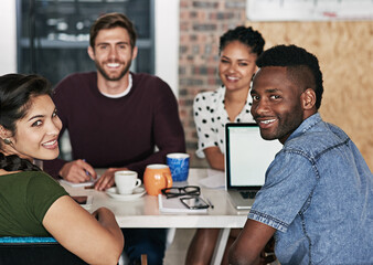 Meeting, creative and portrait of people in office planning editorial publication for magazine....