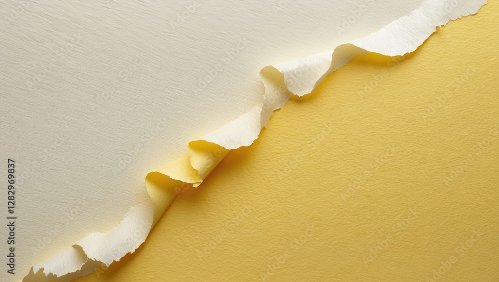 Poster tear of white and yellow paper creating a textured border with a smooth background in a minimalist l