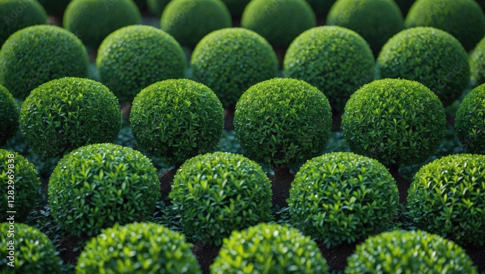 Poster green spherical shrubs arranged in a neat pattern in a landscaped garden setting during daylight.