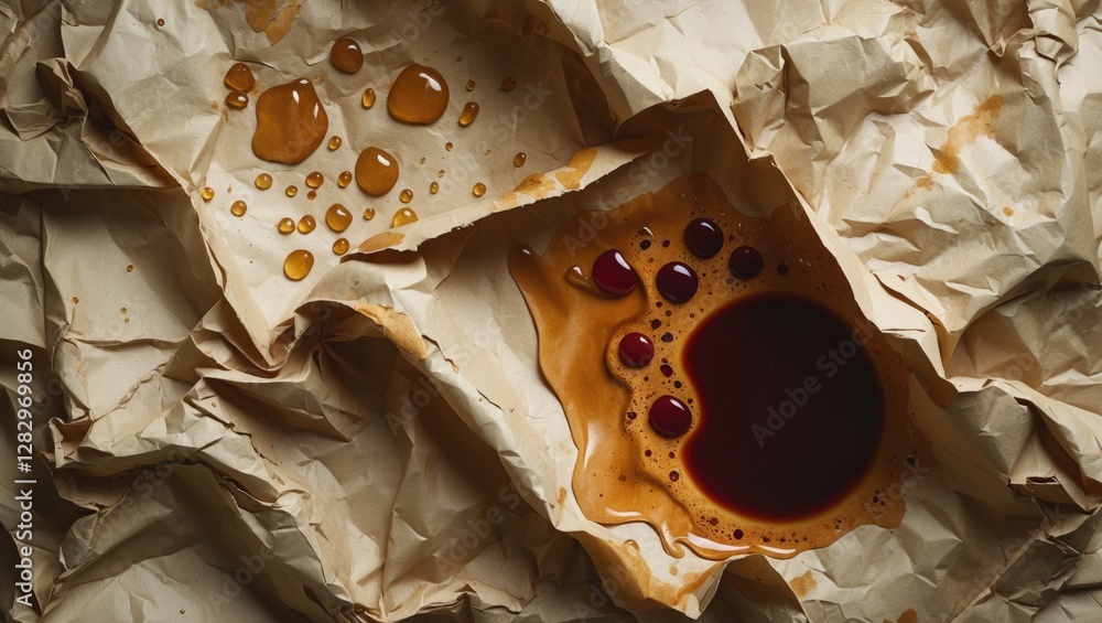 Poster water droplets and stains on crumpled paper texture with different colors and sizes creating an abst