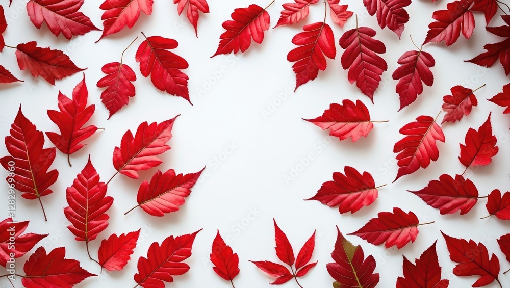 Aufkleber red autumn leaves arranged on a white background creating a natural frame with diverse leaf shapes a