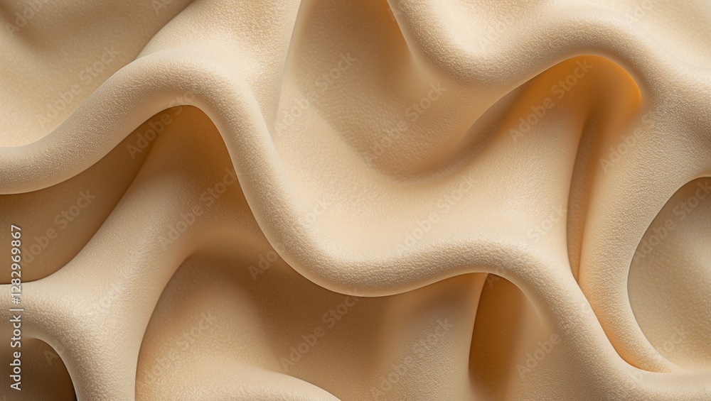 Poster beige wrinkled fabric close-up with smooth texture and flowing waves on surface background