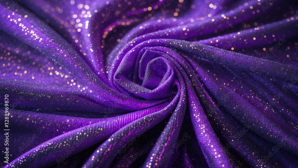 Poster purple metallic fabric with shiny glitter texture arranged in a spiral pattern close up abstract bac