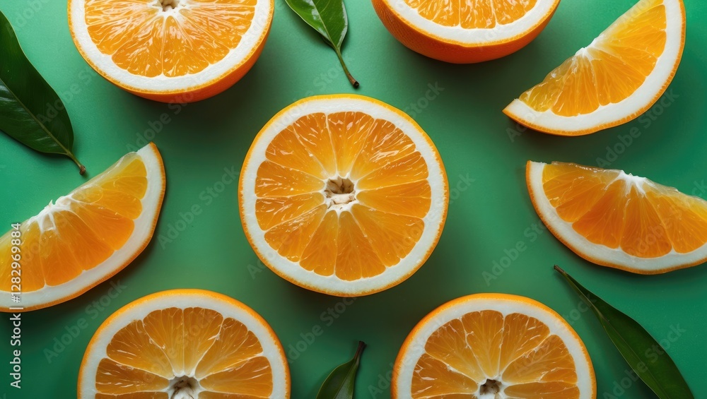 Poster fresh orange slices arranged on a green background with leaves, creating a vibrant and colorful comp