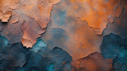 Naklejka premium Abstract textured surface with peeling paint in shades of orange blue and teal creating a distressed artistic background