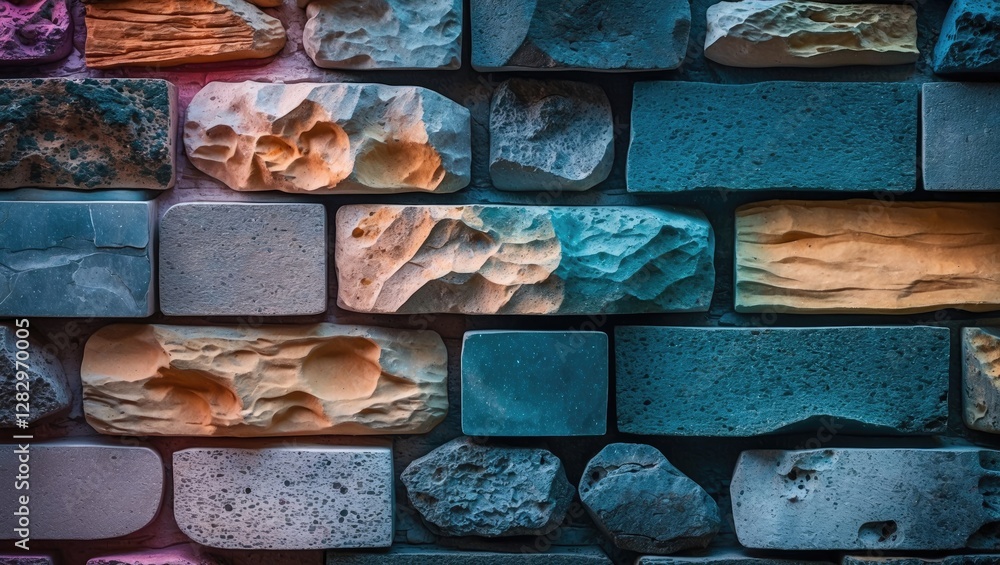 Poster colored textured stone wall background with various shapes and patterns illuminated by ambient light