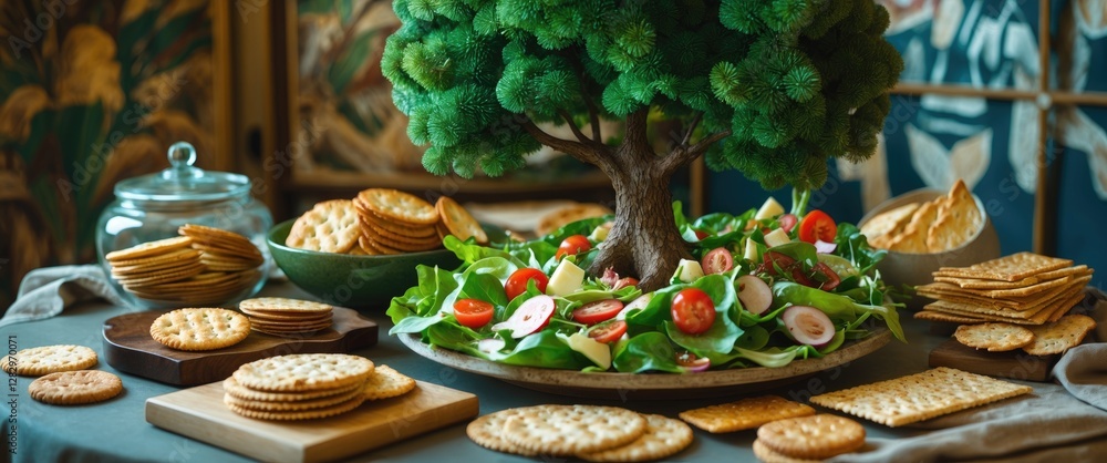 Poster gourmet salad display with decorative tree centerpiece surrounded by assorted crackers on a rustic t