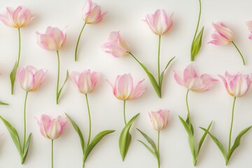 Flat lay of pink tulips arranged on white background.