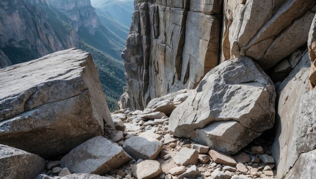Rocky hillside landscape with large boulders and steep cliffside in mountainous terrain during daylight showcasing natural beauty