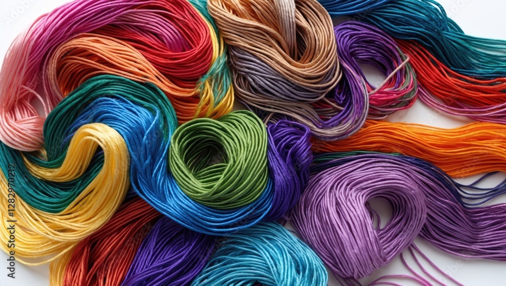 Poster assorted colorful embroidery threads arranged in a tangled pattern on a white background