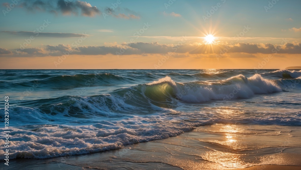 Aufkleber sunset over ocean waves with golden reflections and clouds in a serene beach setting during tranquil