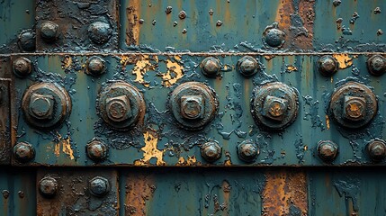 Close-up of Rusted Metal with Bolts and Peeling Paint Texture