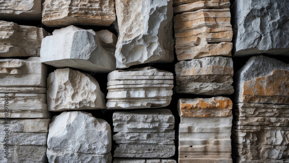 Poster stacked pieces of cut stone texture in various shapes and sizes with different surface patterns and 