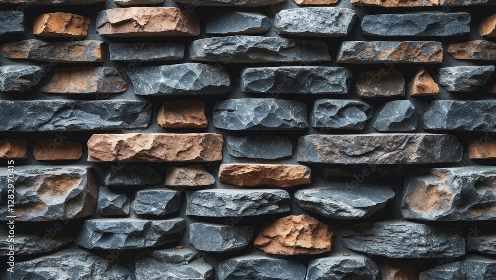 Poster textured stone wall in dark gray and warm brown colors arranged in a structured pattern for architec