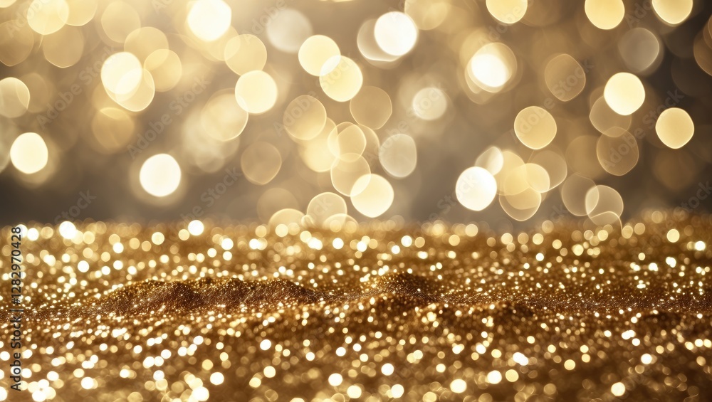 Poster golden bokeh background with shimmering glitter surface reflecting light in soft focus creating a fe